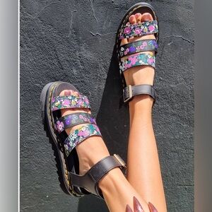 Dr. Martens Black Floral Triple-Strap Sandals